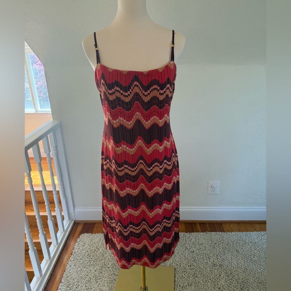 BCBGMaxAzria Vintage Red, Black & Tan Zigzag Midi Slip Dress